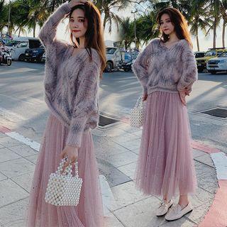 Set: Perforated Sweater + Midi A-line Mesh Skirt