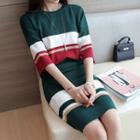 Set: Striped Elbow-sleeve Knit Top + Knit Skirt