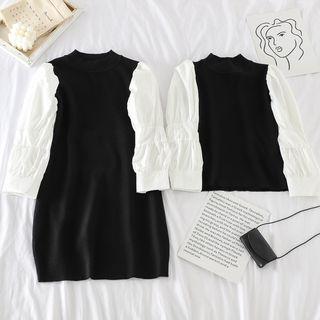 Puff-sleeve Color Block Top