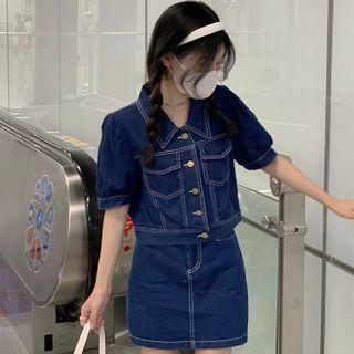 Puff-sleeve Denim Jacket / Mini Pencil Skirt