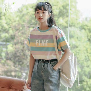 Elbow-sleeve Lettering Color Block Striped T-shirt Stripes - Purple & Yellow & Pink & White - One Size