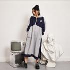 Color Panel Long-sleeve Midi Pullover Dress Gray - One Size