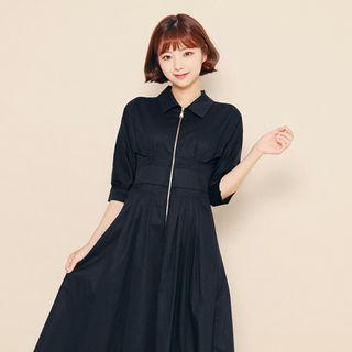 Collared 3/4-sleeve Zip-front Long Dress