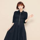 Collared 3/4-sleeve Zip-front Long Dress