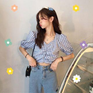 Gingham Puff-sleeve Crop Blouse