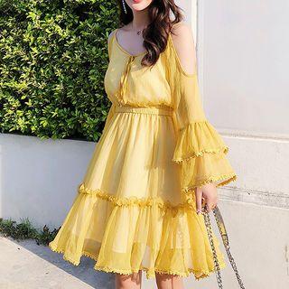 Bell-sleeve Cold Shoulder Chiffon Dress