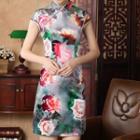 Cap Sleeve Flower Print Mini Qipao