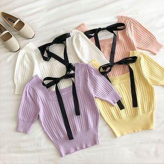 Plain Square-neck Lace-up Short-sleeve Knit Top