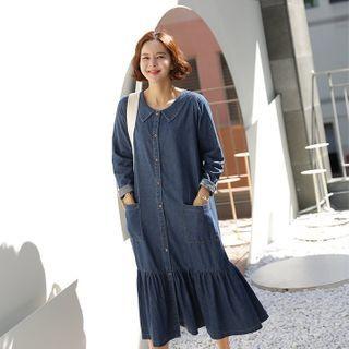 Frilled-hem Long Denim Shirtdress Blue - One Size