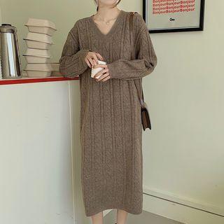 V-neck Cable Knit Midi Sweater Dress