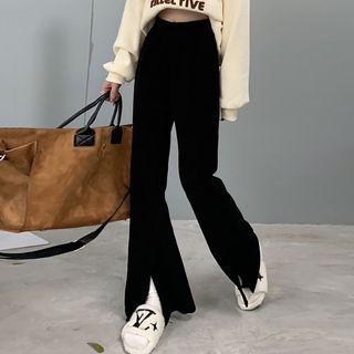 High-waist Plain Corduroy Slit Boot-cut Pants