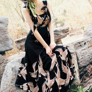 Sleeveless Crane Print Midi A-line Dress