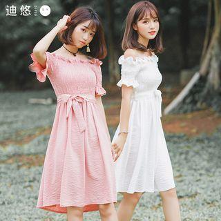 Frill Trim Off Shoulder Short Sleeve A-line Dress