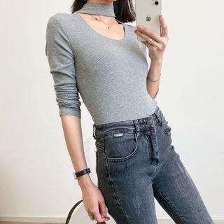 Long-sleeve Choker T-shirt Gray - One Size