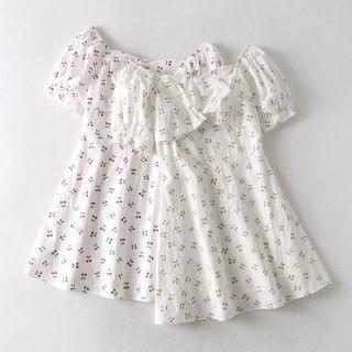 Cherry Print Puff-sleeve Mini A-line Dress