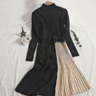 Mock-neck Ribbed Paneled Midi Knit Dress Black - One Size