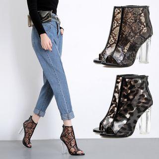 Block Heel Peep Toe Transparent Leopard Print Short Boots