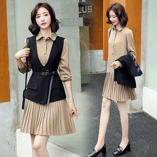 Set: Long-sleeve Pleated Hem Mini Collared Dress + Single-button Vest
