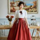 Set: Puff-sleeve Pintuck Blouse + Lace Trim Midi A-line Skirt