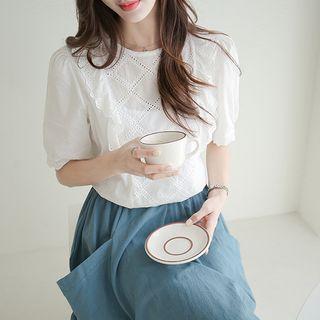 Puff-sleeve Frilled-detail Top Ivory - One Size