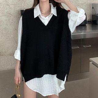 V-neck Knit Vest / Striped Loose-fit Blouse