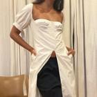 Short-sleeve Square-neck Slit Long Blouse