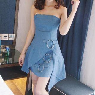 Ring Detail Strapless A-line Denim Dress