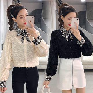 Leopard Print Panel Tie-neck Blouse