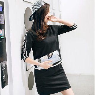 Set: Long-sleeve Contrast-trim Top + Rib-trim Skirt