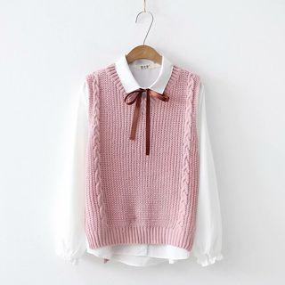 Set: Cable Knit Vest + Plain Shirt
