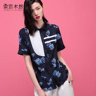 Pleated Panel Fish Print Short-sleeve Shirt