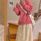 Long-sleeve Plain Knit Sweater / Mesh Layer Midi Skirt