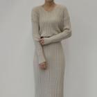 Cable Knit Set: V-neck Top + Midi Skirt
