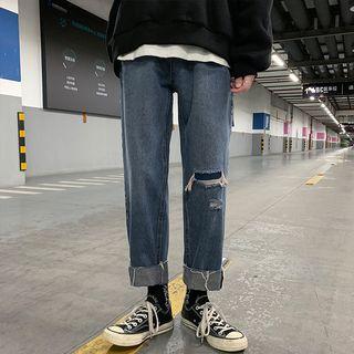 Washed Ripped Straight-leg Jeans
