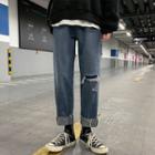 Washed Ripped Straight-leg Jeans
