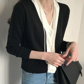 V-neck Contrast-trim Rib-knit Cardigan
