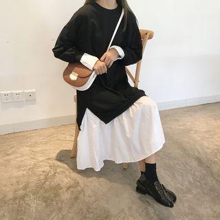 Mock Two-piece Long-sleeve Two-tone A-line Midi Dress