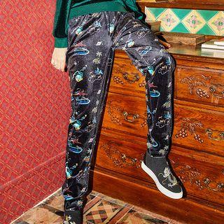 Print Drawstring Waist Velvet Pants