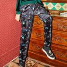 Print Drawstring Waist Velvet Pants