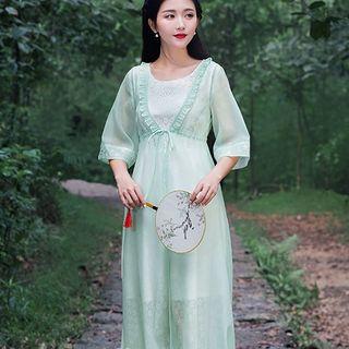 Elbow-sleeve Frilled-trim Embroidered Long Cardigan