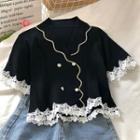 Double-breasted Lace-trim Short-sleeve Knit Top Black - One Size