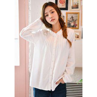 Collarless Pintuck Lace-trim Blouse