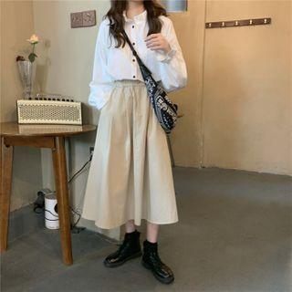 Puff-sleeve Ruffle Trim Blouse / High-waist A-line Skirt