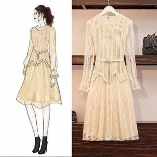 Set: Long-sleeve A-line Lace Dress + Knit Vest