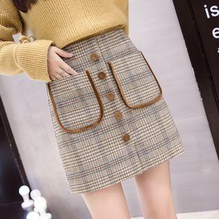 Contrast Trim Plaid Woolen A-line Skirt