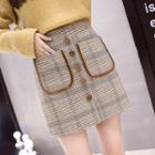 Contrast Trim Plaid Woolen A-line Skirt