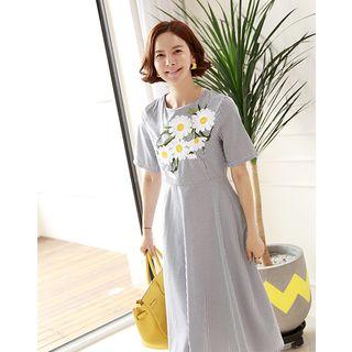 Floral Embroidered Stripe Flare Midi Dress