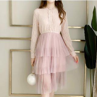 Long-sleeve Sheer Panel Tiered Midi Dress