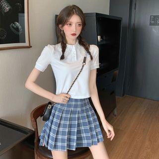 Short-sleeve Lace Collar Polo Shirt / Plaid Pleated A-line Mini Skirt