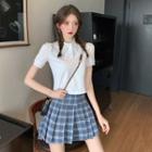 Short-sleeve Lace Collar Polo Shirt / Plaid Pleated A-line Mini Skirt
